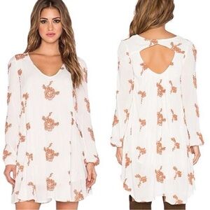Free People Cream and Brown Embroidered Mini Dress